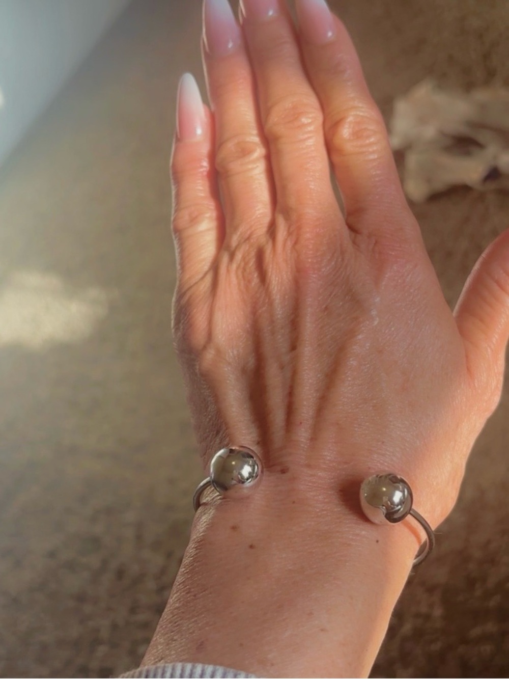 Minimalist Silver Open Cuff Bracelet - Polished Silver Spheres